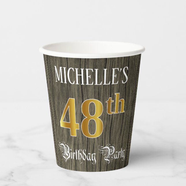 48th Birthday Party — Faux Gold & Faux Wood Looks Paper Cups (Front)