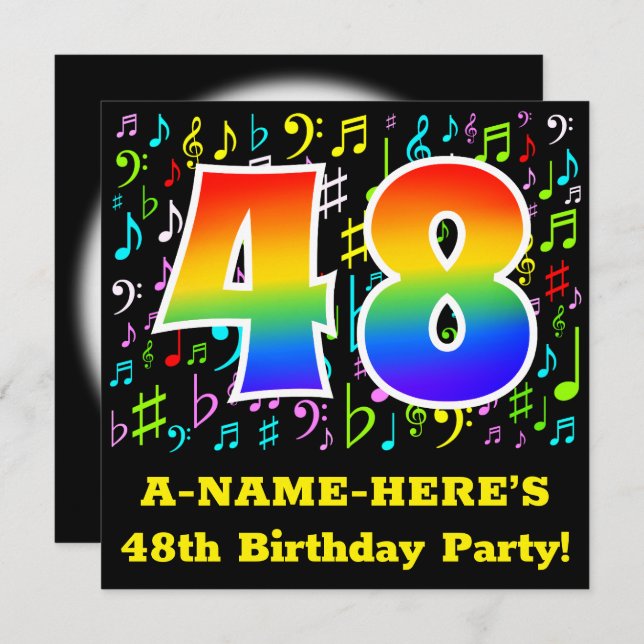 48th Birthday Party: Fun Music Symbols, Rainbow 48 Invitation (Front/Back)