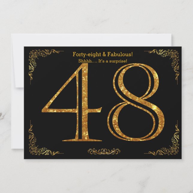 48th Birthday party,Gatsby styl,black gold glitter Invitation (Front)