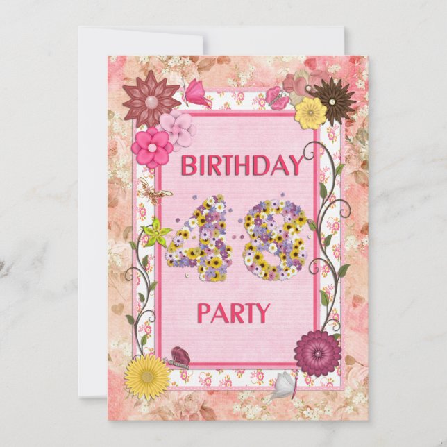 48th birthday party invitation with floral frame (Front)