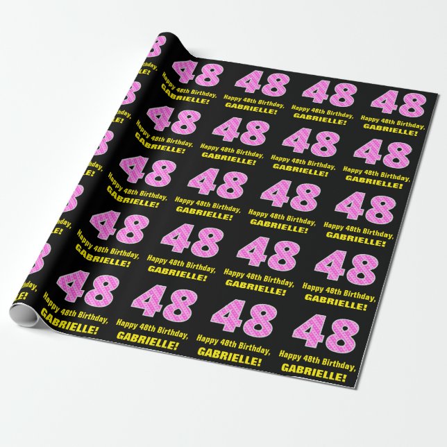 48th Birthday: Pink Stripes and Hearts "48" + Name Wrapping Paper (Unrolled)