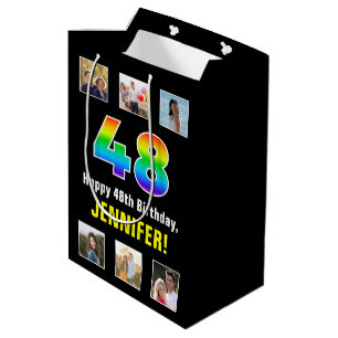 48th Birthday: Rainbow “48“, Custom Photos & Name Medium Gift Bag