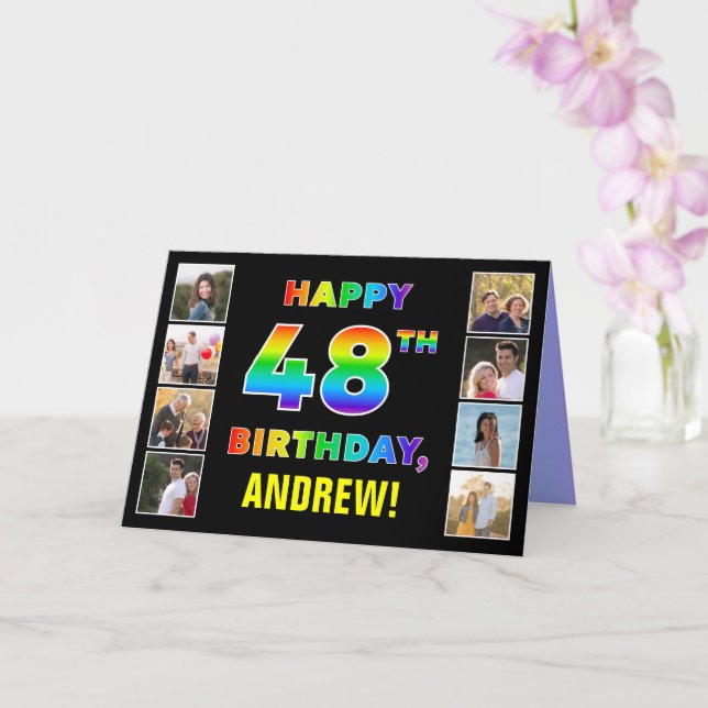 48th Birthday: Rainbow Text, Custom Photos & Name Card (Orchid)
