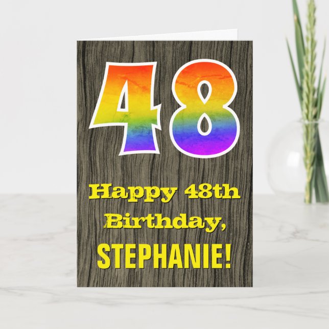 48th Birthday: Rustic Faux Wood Look, Rainbow "48" Card (Front)