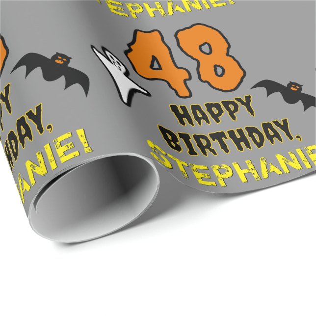 48th Birthday: Spooky Halloween Theme, Custom Name Wrapping Paper (Roll Corner)