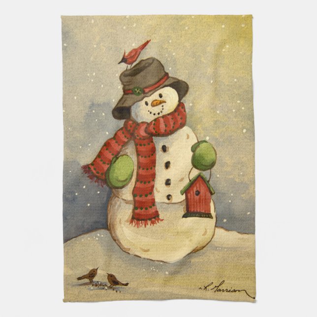 4905 Snowman & Birdhouse Christmas Tea Towel (Vertical)