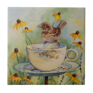 4920 Sparrow on Teacup Feeder with Coneflowers Ceramic Tile