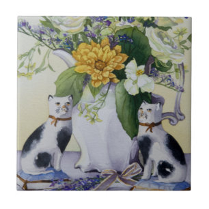 4930 Floral and Precelain Cats Ceramic Tile