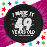 49 Year Old Sarcastic Meme Funny 49th Birthday Paper Plate<br><div class="desc">This funny 49th birthday design makes a great sarcastic humour joke or novelty gag gift for a 49 year old birthday theme or surprise 49th birthday party! Features 'I Made it to 49 Years Old... Nothing Scares Me' funny 49th birthday meme that will get lots of laughs from family, friends,...</div>