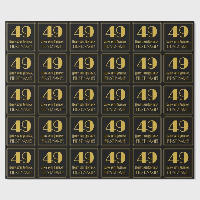 49th Birthday ~ Art Deco Inspired Look "49", Name Wrapping Paper (Flat)