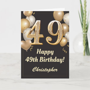49th Birthday Black and Gold Balloons Confetti Card