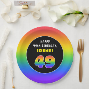 49th Birthday: Colourful Rainbow # 49, Custom Name Paper Plate