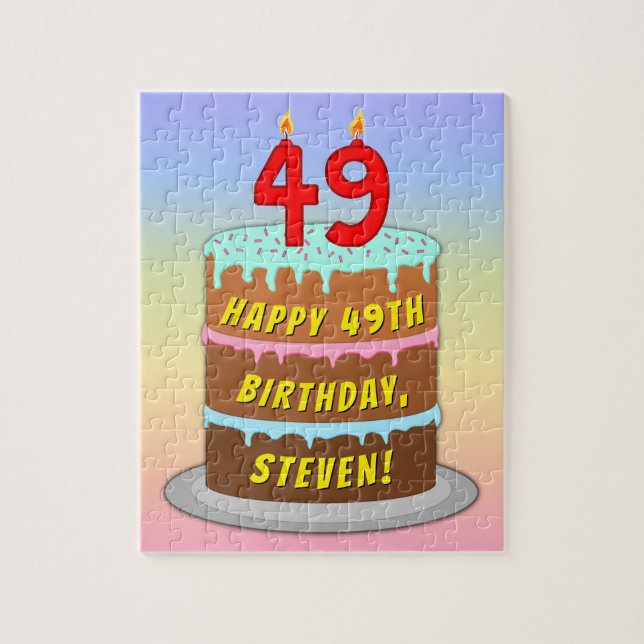 49th Birthday: Fun Cake and Candles + Custom Name Jigsaw Puzzle (Vertical)