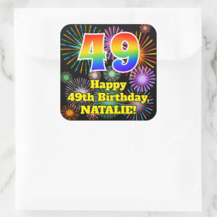49th Birthday: Fun Fireworks Look, Rainbow # 49 Square Sticker