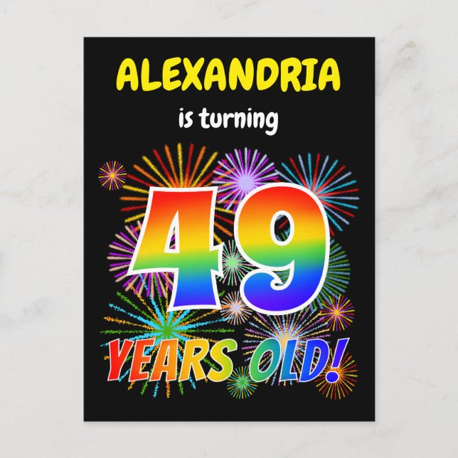 49th Birthday - Fun Fireworks, Rainbow Look "49" Postcard (Front)