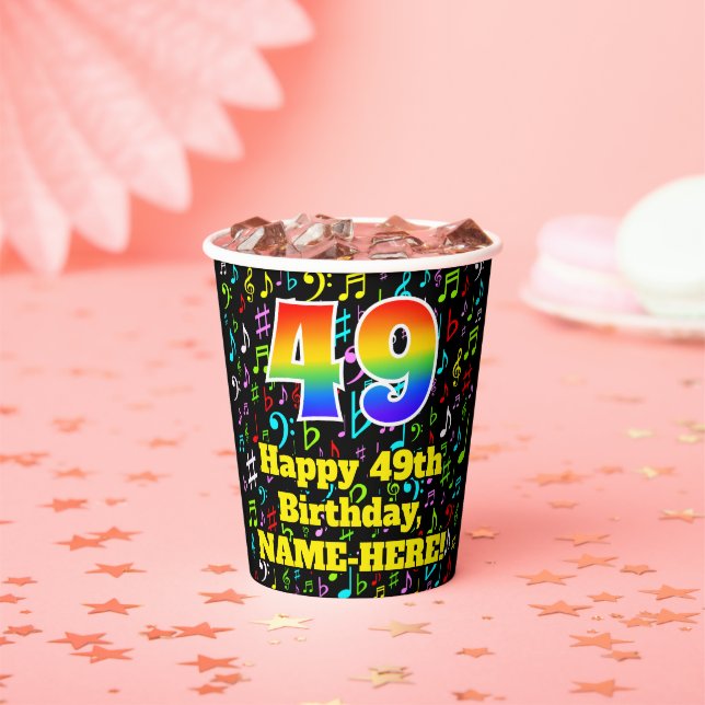 49th Birthday: Fun Music Notes Pattern, Rainbow 49 Paper Cups (Insitu)