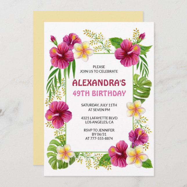 49th birthday invitations Tropical Floral Pink (Front/Back)