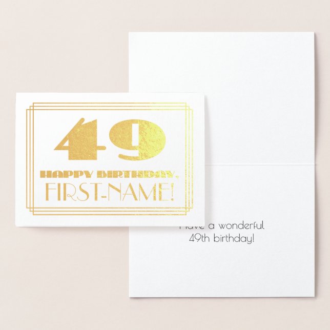 49th Birthday; Name + Art Deco Inspired Look "49" Foil Card (Display)