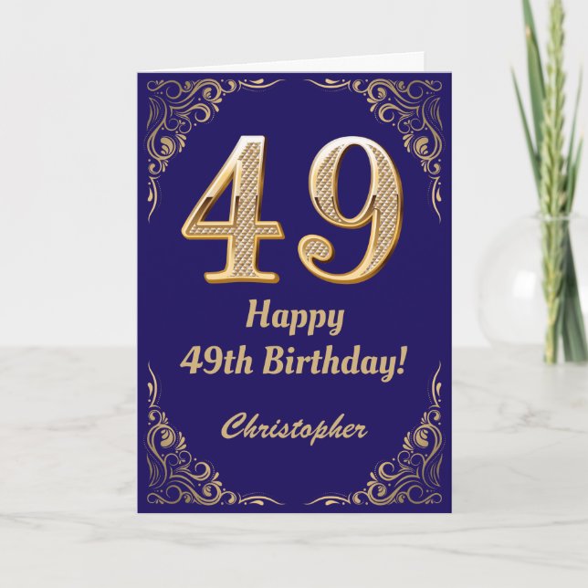 49th Birthday Navy Blue and Gold Glitter Frame Card (Front)