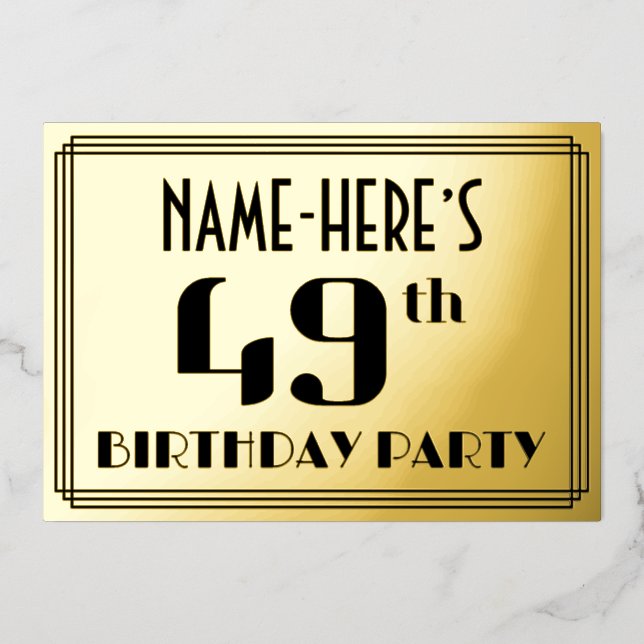 49th Birthday Party: Art Deco Look “49” and Name (Front)