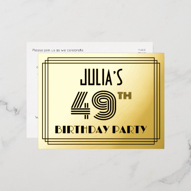49th Birthday Party ~ Art Deco Style “49” + Name Foil Invitation Postcard (Front/Back)