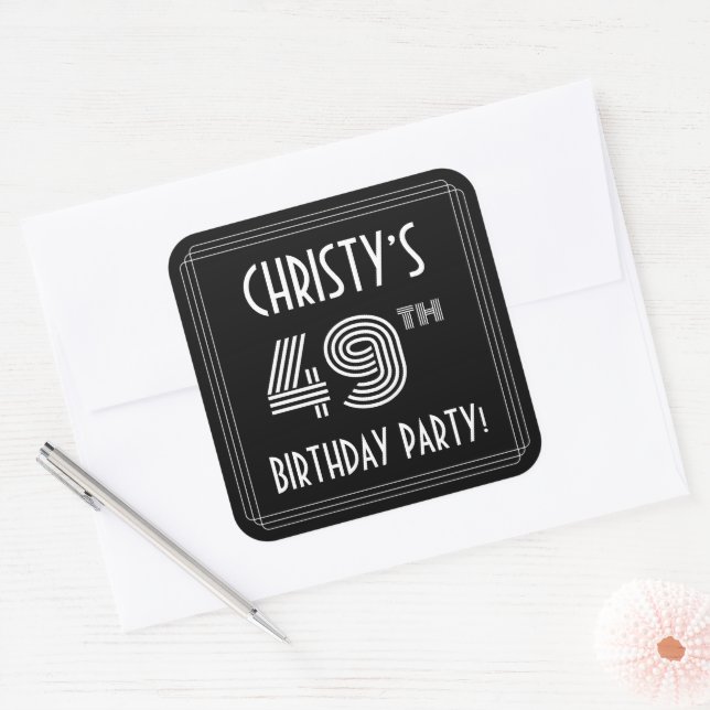 49th Birthday Party: Art Deco Style & Custom Name Square Sticker (Envelope)
