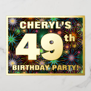 49th Birthday Party: Bold, Colourful Fireworks Loo Foil Invitation Postcard