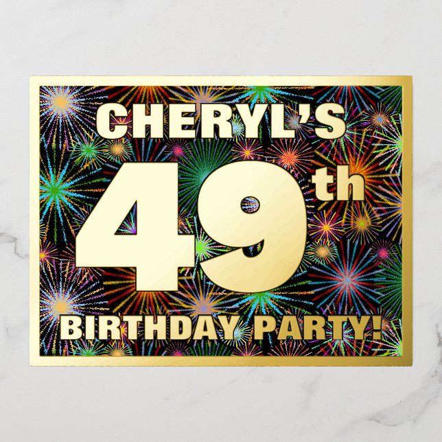 49th Birthday Party: Bold, Colourful Fireworks Loo Foil Invitation Postcard (Front)