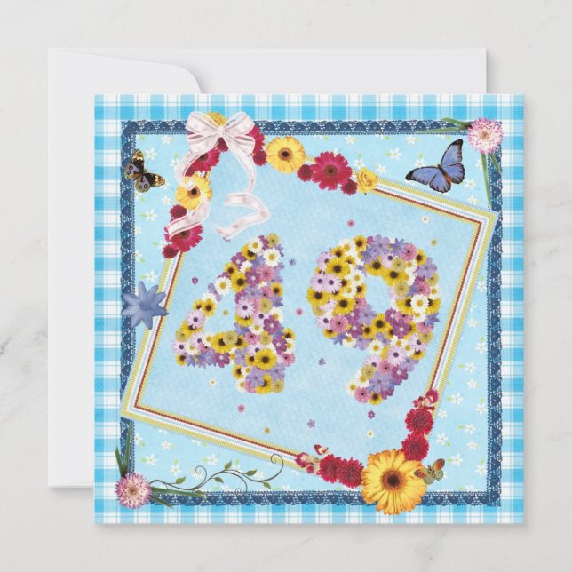 49th Birthday party Invitation flowers,butterflies (Front)