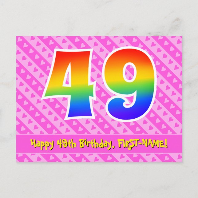 49th Birthday: Pink Stripes & Hearts, Rainbow 49 Postcard (Front)
