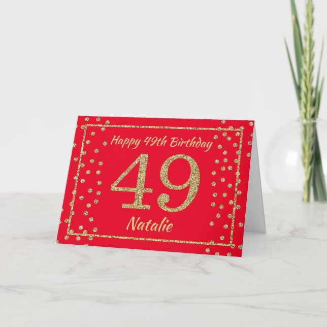 49th Birthday Red and Gold Glitter Confetti Card (Front)
