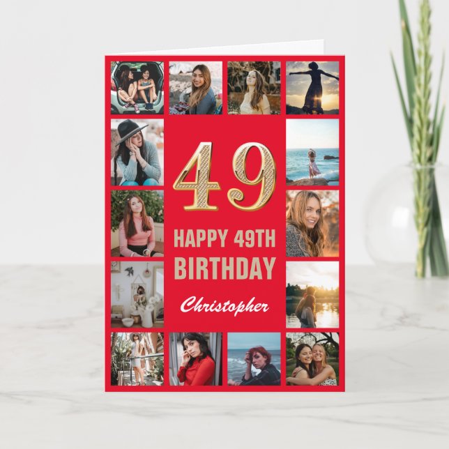 49th Happy Birthday Red and Gold Photo Collage Card (Front)