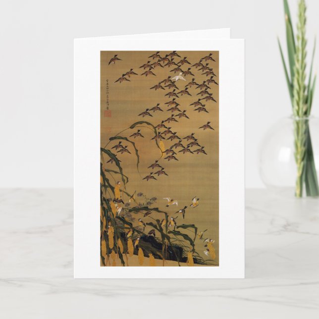 4. 秋塘群雀図, 若冲 Flock of Sparrows, Jakuchū Card (Front)