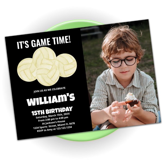 4 Balls Black Volleyball Birthday with photo Invitation (Creator Uploaded)