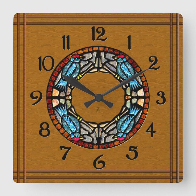 4 Birds Stone Mosaic Square Wall Clock (Front)