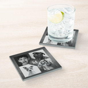 4 Black White Photo Collage Monogram Keepsake Glass Coaster