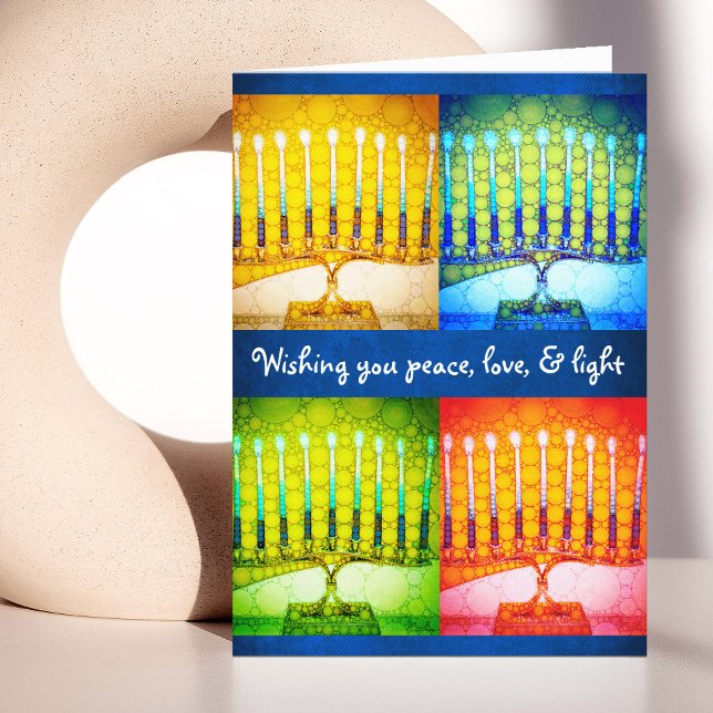 4 Bold Colorful Hanukkah Menorahs Peace Love Light Holiday Card (Creator Uploaded)