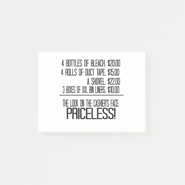 4 Bottles Of Bleach: $20.00 4 Rolls Of Duct Tape: Post-it Notes (Front)