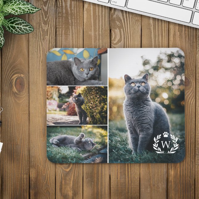 4 Cat Photo Collage Paw Laurel Wreath Monogram Mouse Pad (Creator Uploaded)