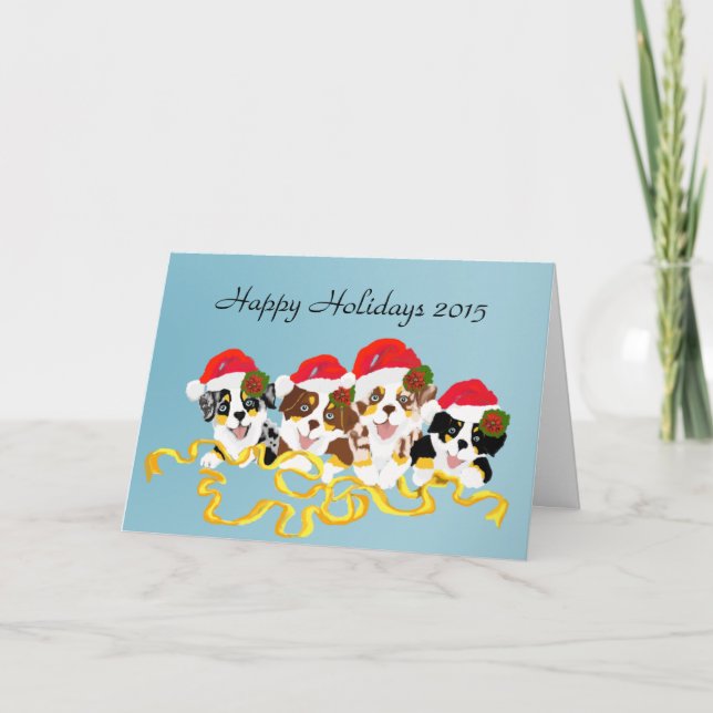 4 Christmas Cartoon Aussie Puppies Greeting Card (Front)