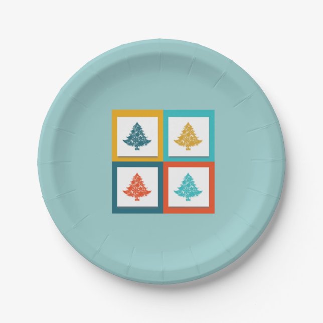 4 Christmas Trees Retro Design Paper Plate (Front)