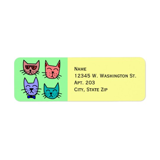 4 Colourful Funny Cute Cartoon Cat Faces Return Address Label