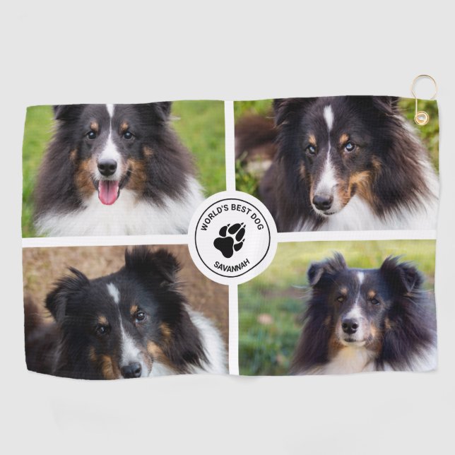 4 Custom Pet Photos Collage Template & Text Golf Towel (Horizontal)