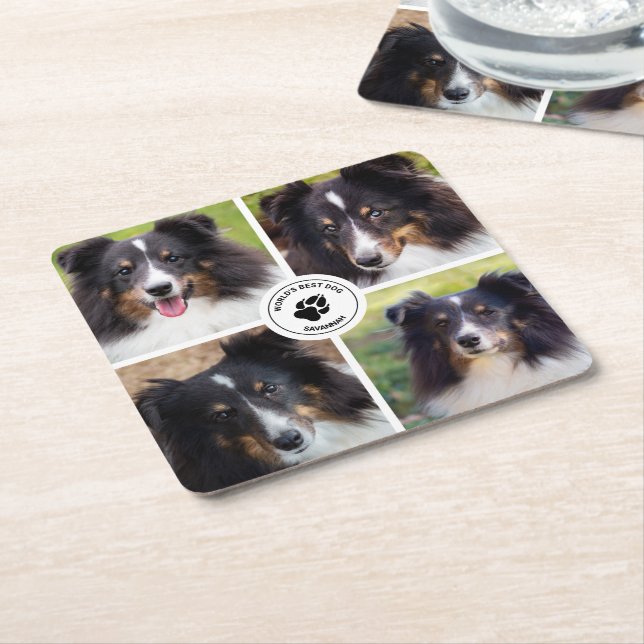 4 Custom Pet Photos Collage Template & Text Square Paper Coaster (Angled)