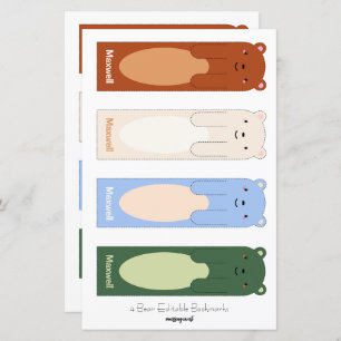 4 Cute Bear Editable Bookmarks with cut-out hands