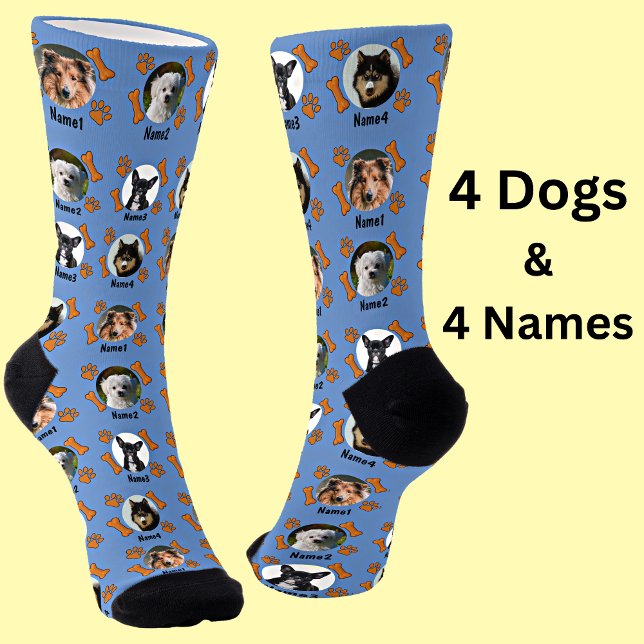 4 Dog Photos & 4 Names + Bones & Paw Prints Blue Socks (Creator Uploaded)