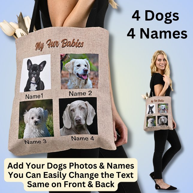 4 Dogs, 4 Names, Can Change Text, Dog Photo Tote Bag (Creator Uploaded)