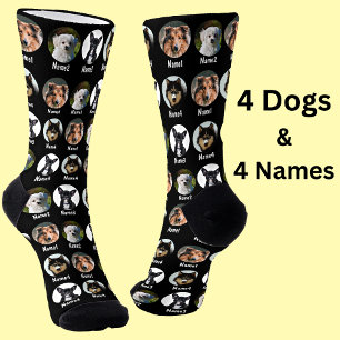 4 Dogs, 4 Names, Dog Photo - Personalised Black Socks