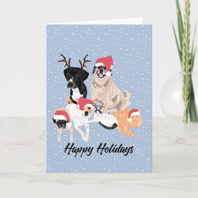 4 Dogs and 2 Cats Holiday  Card (Front)