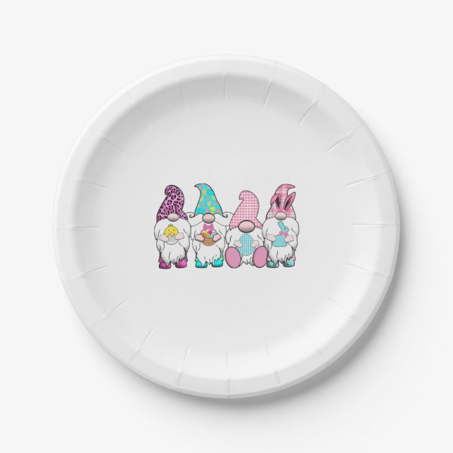 4 Easter Gnomes Pastel Spring Bunny Ears Gingham R Paper Plate (Front)